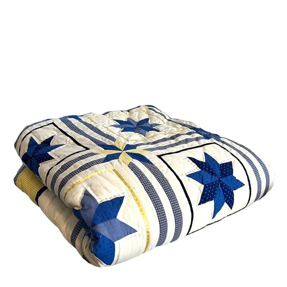 Star Quilt Hand Sewn and Machine Stitched 84" x 86" Homemade Plaid Polka Dot - Picture 4 of 16